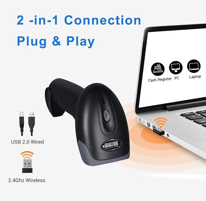 1D 2D QR Barcode Scanner Wireless, Handheld Cordless Bar Codes Reader - Image 2