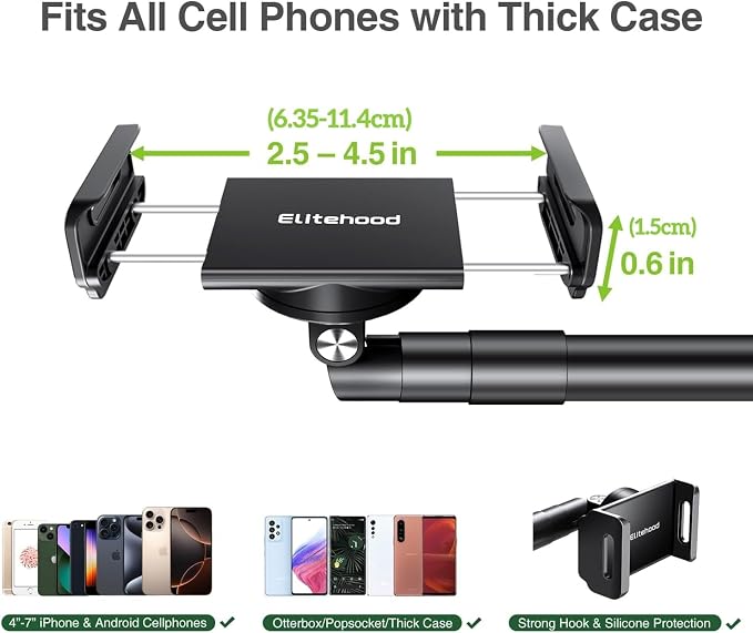 elitehood Heavy Duty Aluminum Overhead Phone Stand, 15 in Long Arm iPhone Holder - Image 7