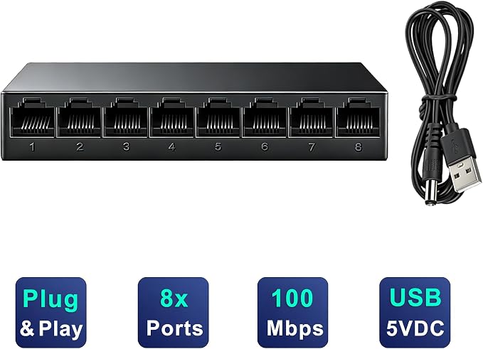 8 Port 100Mbps Fast Ethernet Switch USB 5V Powered Network Hub Plug and Play - Image 3