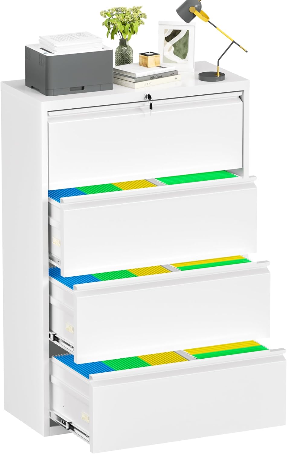 Incbruce 36" W 4 Drawer Lateral File Cabinet, Metal 4 Drawer Lateral Filing Cabinet with Lock, Steel Wide Filing Organization Storage Cabinet for Home, Office, Fit A4/F4/Letter/Legal File (White)