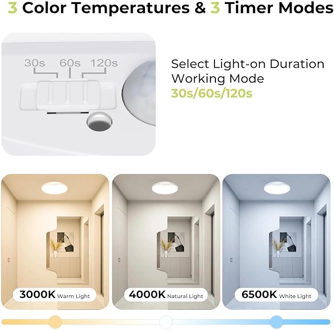 hepside Motion Sensor Ceiling Light Wired, 3000K/4000K/6500K LED Flush Mount - Image 2