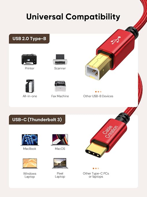 CableCreation USB B to USB C 3.3FT Printer Cable, MIDI Cable to USB C, Nylon - Image 6