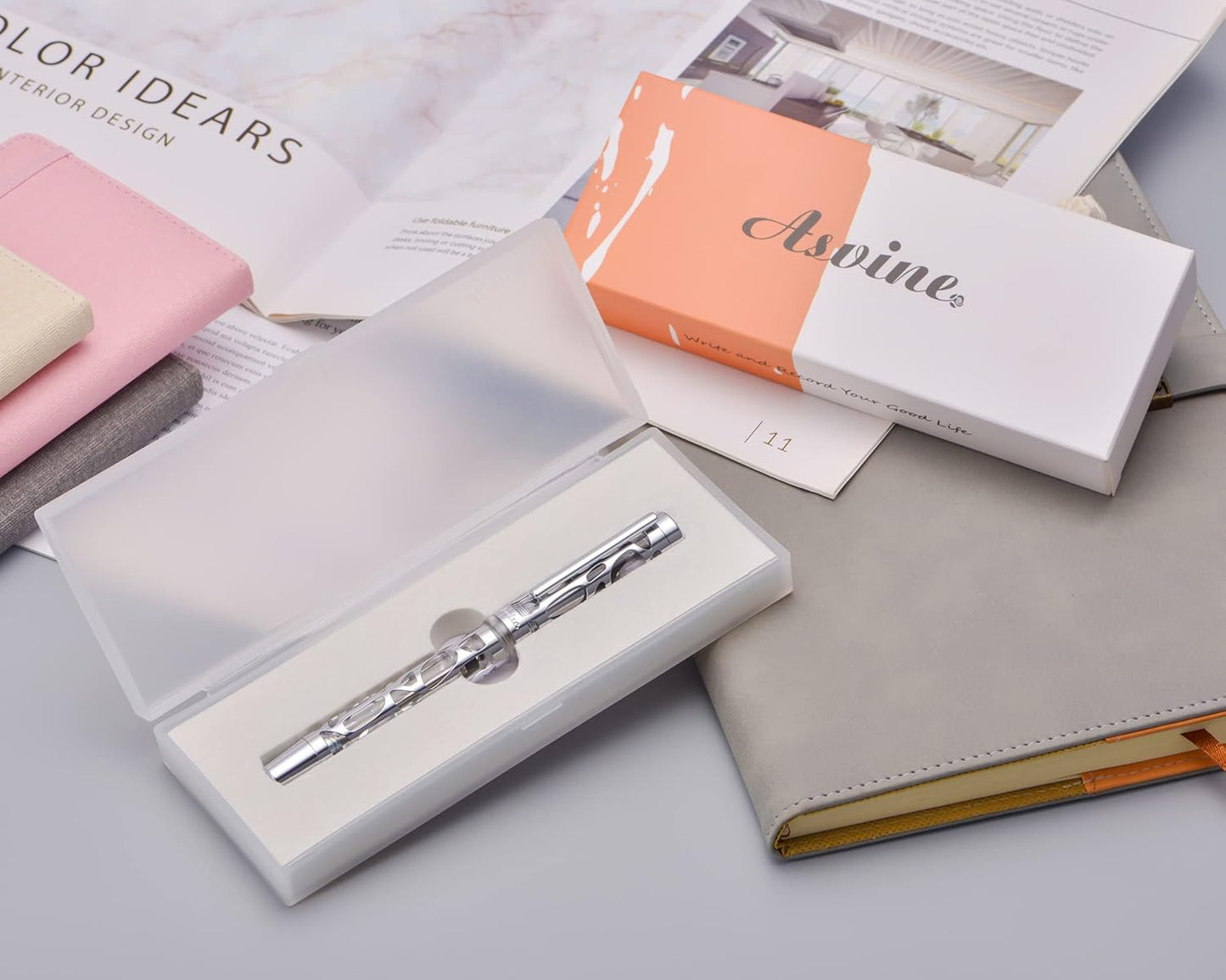 Asvine V169 Vacuum Filling Fountain Pen Fine Nib, Water Drop Skeleton Transparent Acrylic Pen Case Set
