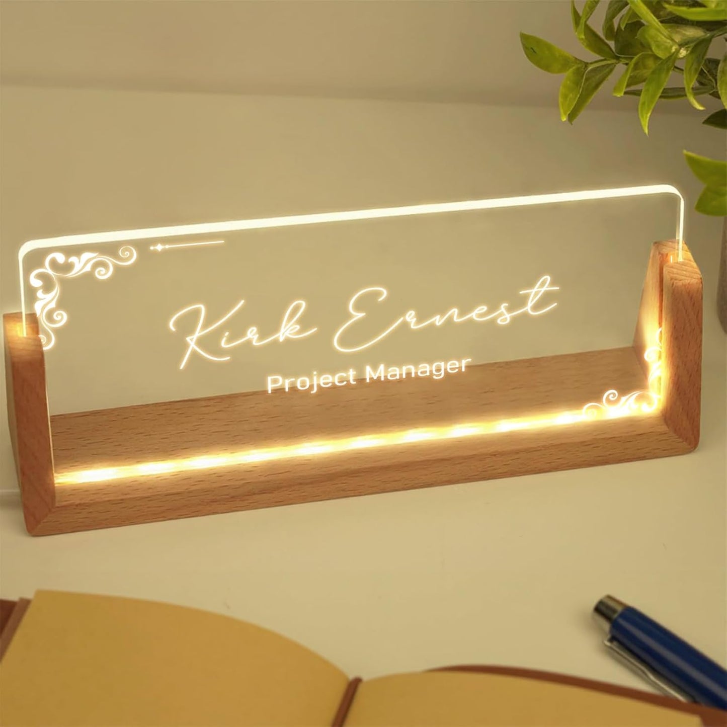 Custom Name Plate for Desk with Light Up Acrylic & Wooden Base - Personalized Office Sign for Teacher, Boss, Coworker - Employee Appreciation Gift for Educators Professionals