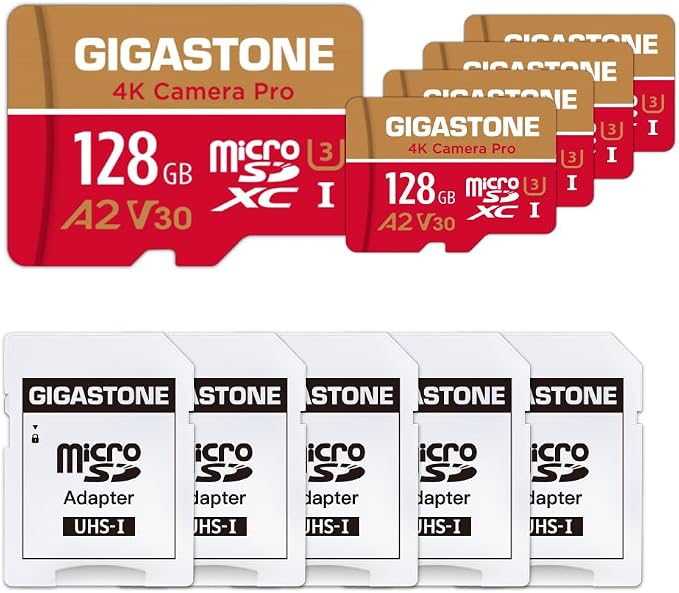 【5-Years Data Recovery】 GIGASTONE 128GB Micro SD Card 5-Pack, 4K Camera Pro by Gigastone