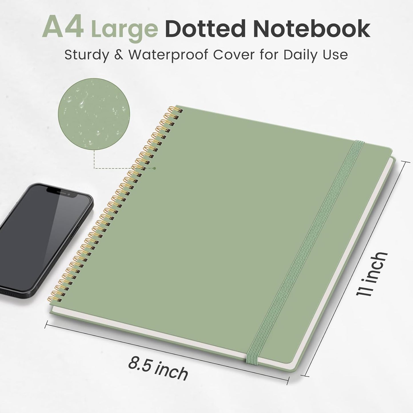 Taja Spiral Dotted Notebook, 8.5"x11" Notebooks for Work, Large A4 Journal for Women & Men, Bullet Dotted Journal, Journaling Notebook for Writing, Plastic Cover Spiral Journal, Green