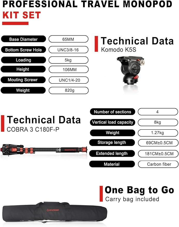 IFOOTAGE Monopod Cobra 3 C180F-P+K5S, 1/4'' & 3/8'' Quick Release Compatible - Image 3