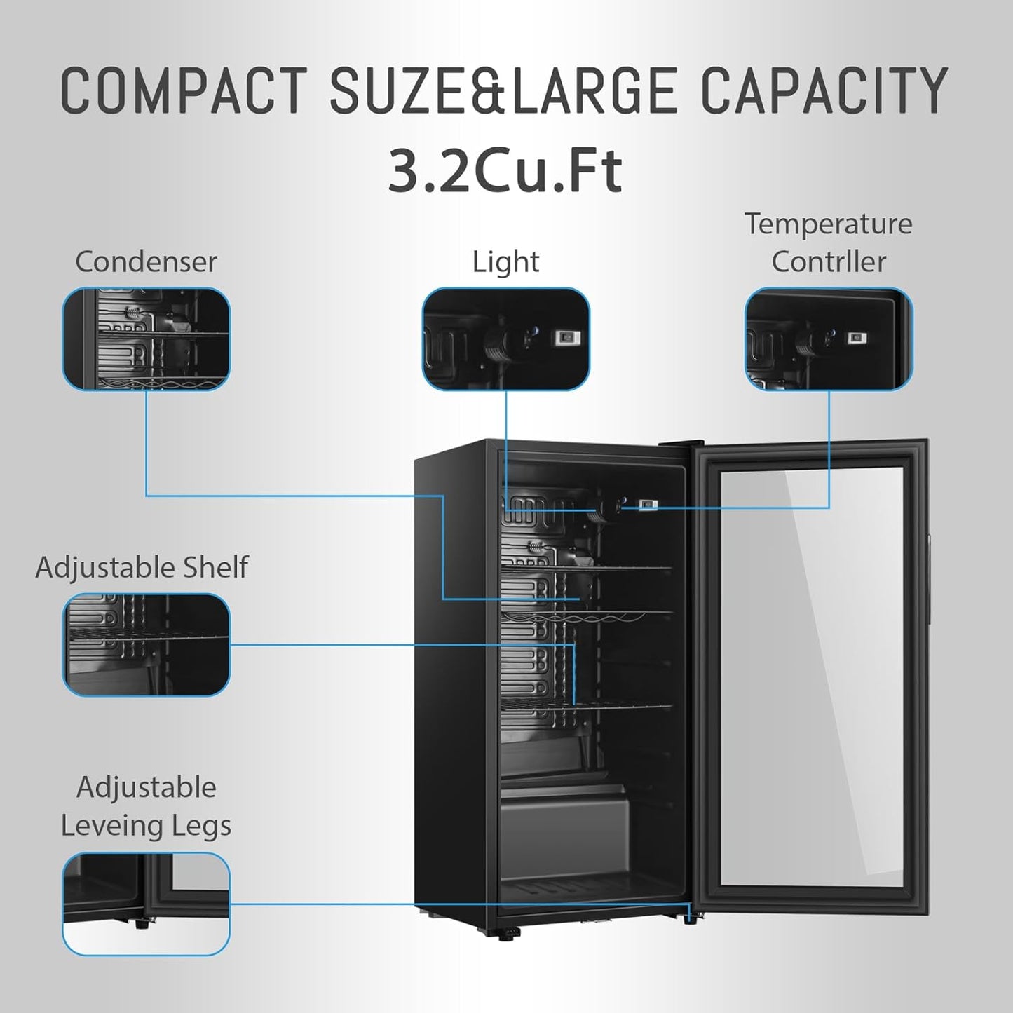 Beverage Refrigerator, 3.2 Cu. Ft, Mini Fridge with Glass Door for Soda Beer, Freestanding Beverage Cooler for Office, Bar, Adjustable Shelving&Adjustable Foot