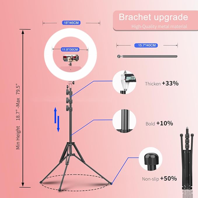 55W18 45cm Ring Light Kit 6700K Dimmable LEDRinglightTripod Stand Dual Phone - Image 4