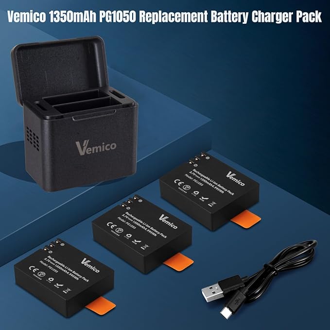 Vemico Action Camera Battery Charger 3-Pack 1350mAh PG1050 Battery LED - Image 4