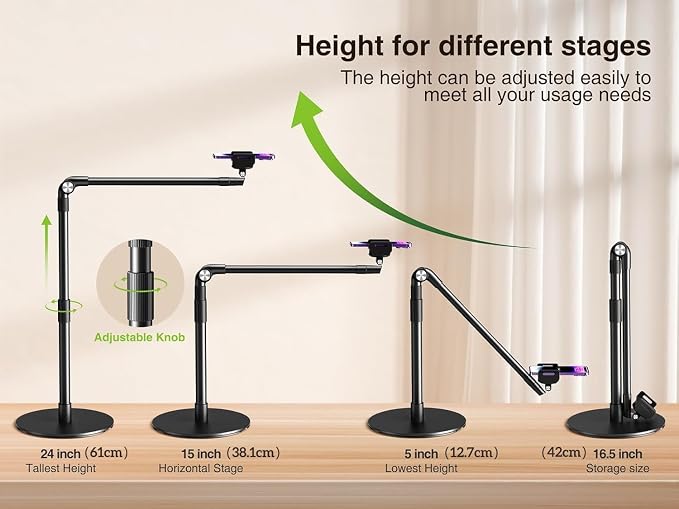 elitehood Heavy Duty Aluminum Overhead Phone Stand, 15 in Long Arm iPhone Holder - Image 4