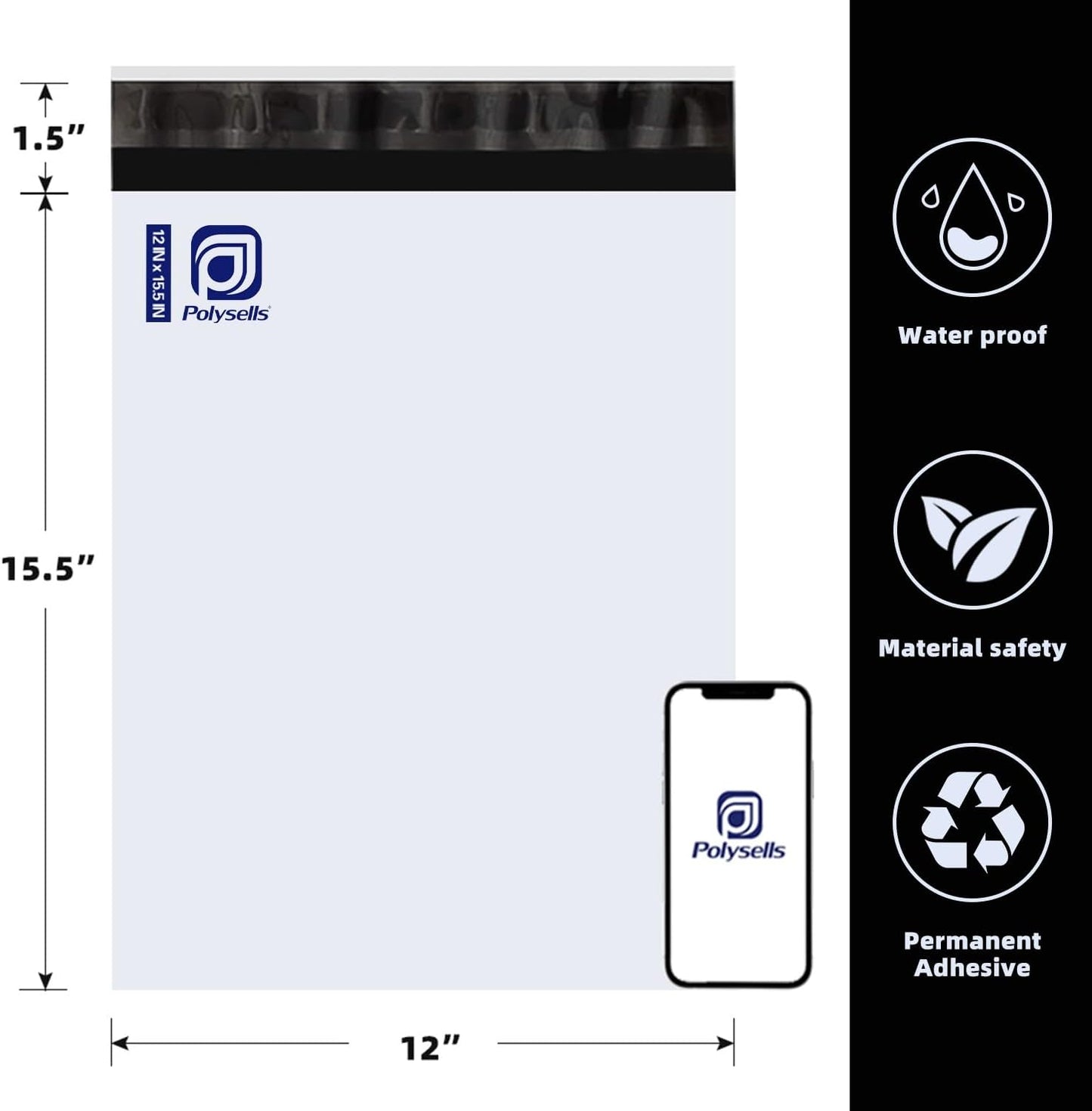 POLYSELLS 1000 pcs 12x15.5 Inches White Poly Mailers Shipping Envelopes, Strong Adhesive Sealing, Waterproof, and Tear-resistant Postal Mailing Bags for Clothing, Books, and Accessories