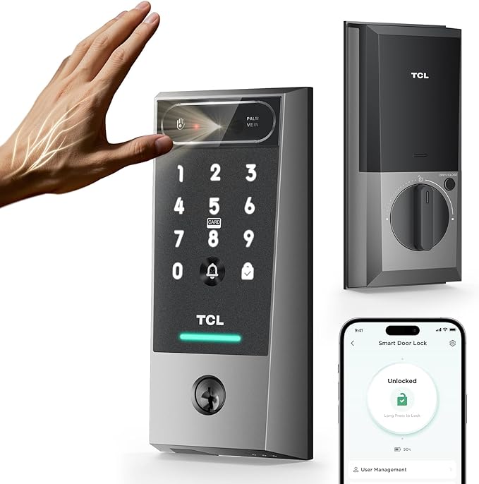 TCL Smart Lock D2 Pro, Palm Vein Keyless Entry Deadbolt, Wi-Fi Keypad Door Lock by TCL