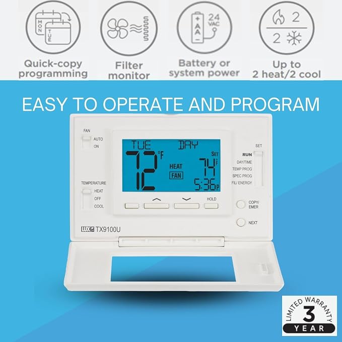 LTX9100U Programmable 7 Day Thermostat; 2 Heat, 2 Cool - Image 2