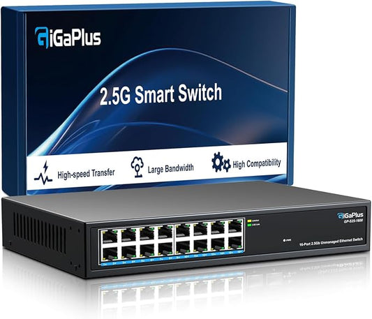 16 Ports 2.5Gb Unmanaged Ethernet Switch, 16*2.5G Base-T Ports. GiGaPlus by GiGaPlus