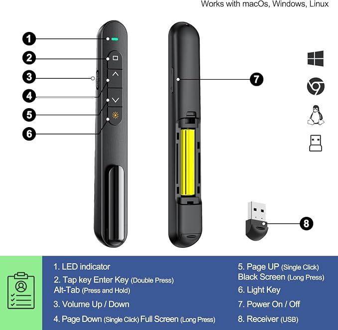 QUI Presentation Clicker with Volume Control, 2.4GHz USB Wireless Presenter - Image 3