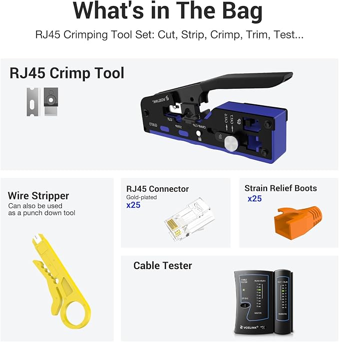 VCELINK RJ45 Crimp Tool Kit for CAT7/6A/6/5E/5, Upgraded Network Tool Set - Image 2