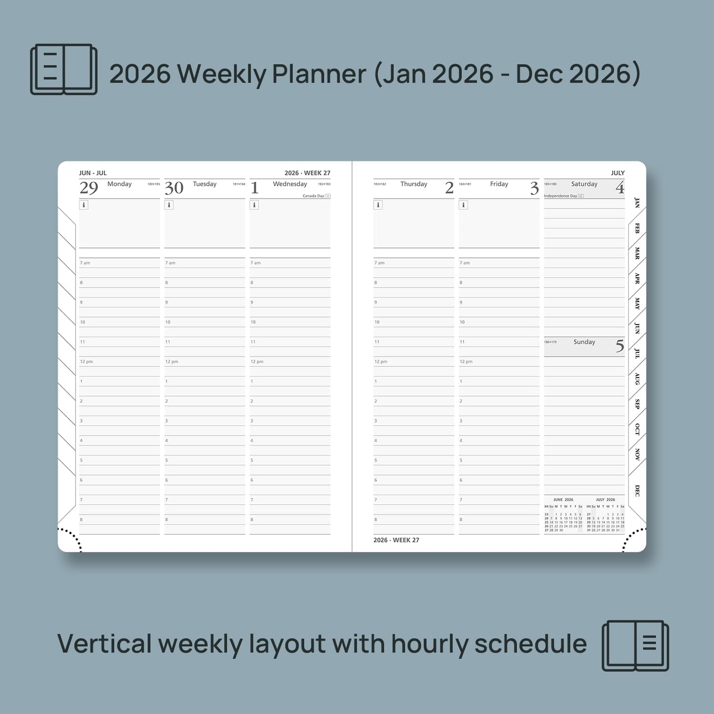 POPRUN 2026 Planner (Medium Size 8.5''x 6.5'' Hardcover) - Daily Weekly and Monthly Calendar Agenda 2026 Appointment Book with Hourly Time Slots, Monthly Tabs, 100 GSM - Violet