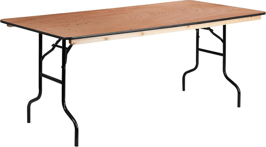 Flash Furniture Fielder 6' Rectangular All-Occasion Wood Folding Event Table, Foldable Portable Banquet Table with Wooden Top, Natural/Black