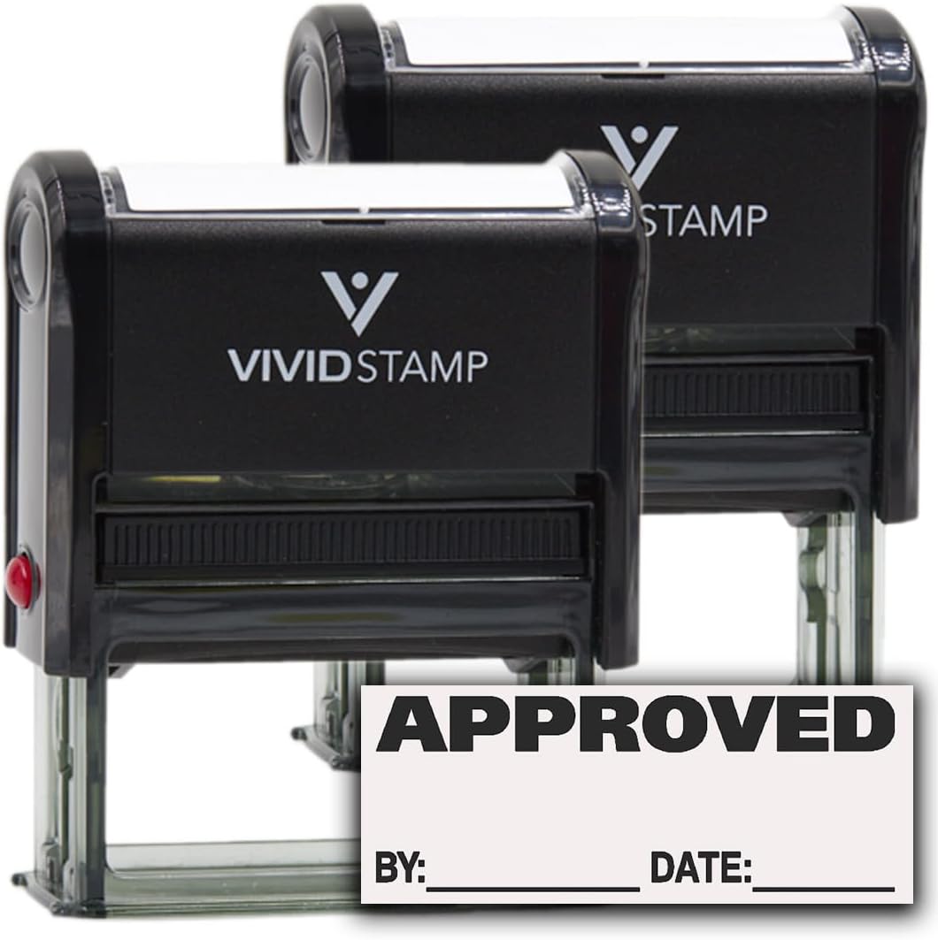 Approved w/by Date Line Self-Inking Office Rubber Stamp (Black) - Large 2 Pack