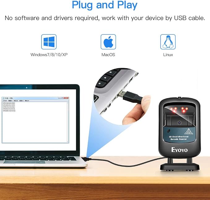 Eyoyo 2D Hands-Free Barcode Scanner, Omnidirectional USB Wired Desktop Barcode - Image 3