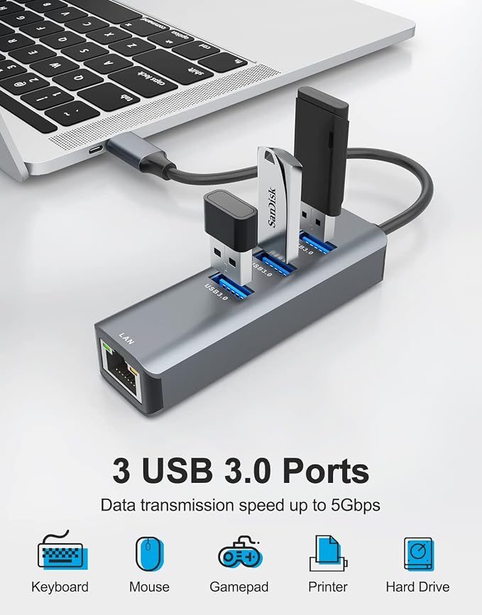 ABLEWE USB C to Ethernet Adapter, 4-in-1 RJ45 to USB-C/Thunderbolt 3 to Gigabit - Image 3