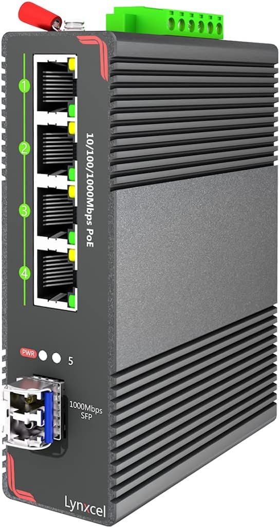 5-Port Industrial PoE Gigabit Din Rail Ethernet Switch, 4 x Gigabit PoE+ Ports by lynxcel