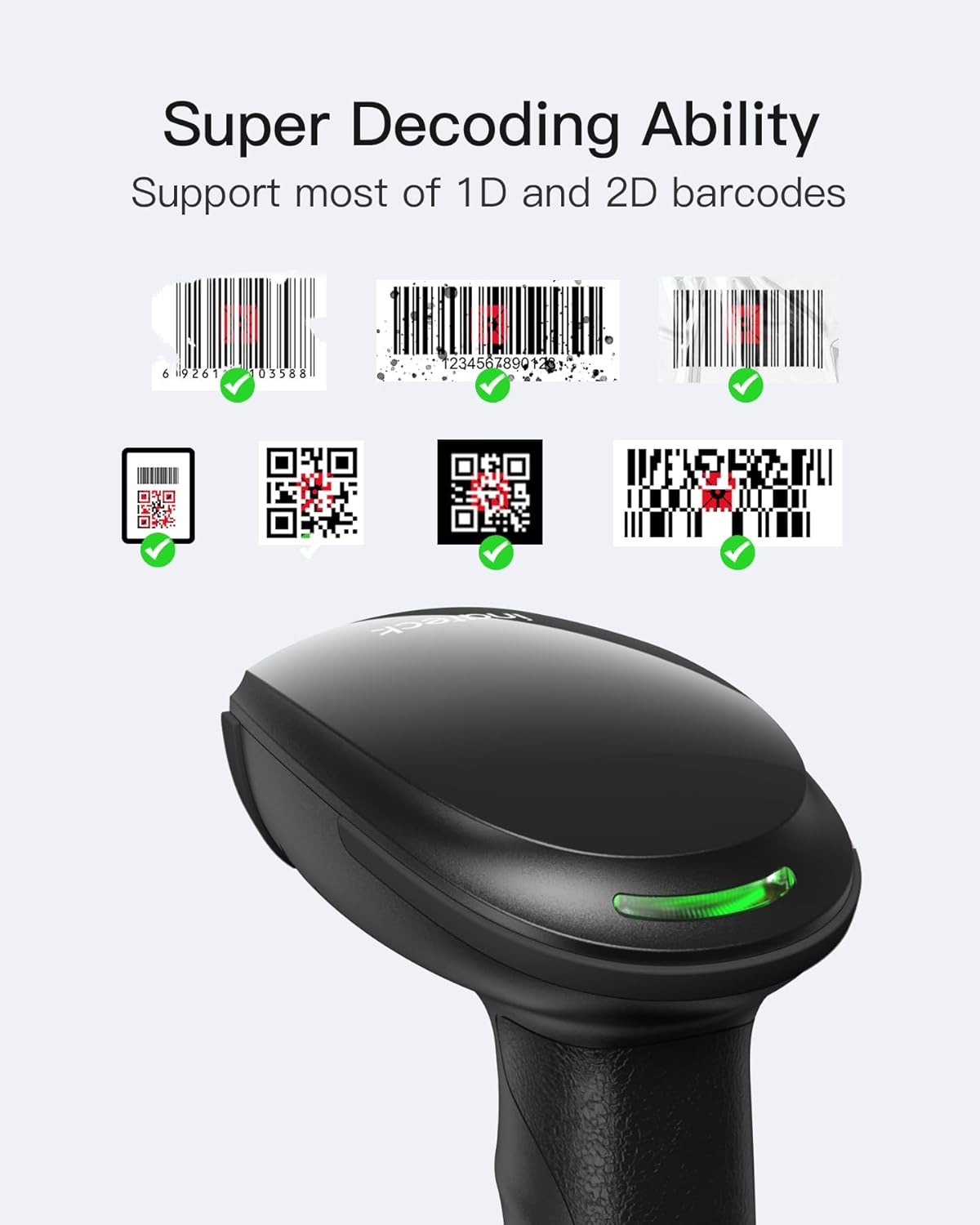 Inateck 2D Barcode Scanner with Intelligent Stand, Wireless QR Code Scanner, Handheld Scanner with APP and SDK, 2D Imager with 2600mAh Battery, BCST-35 Dark Gray
