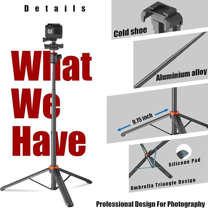 Action Camera Tripod with 360° Ball Head, 66.5'' Selfie Stick Tripod with - Image 2