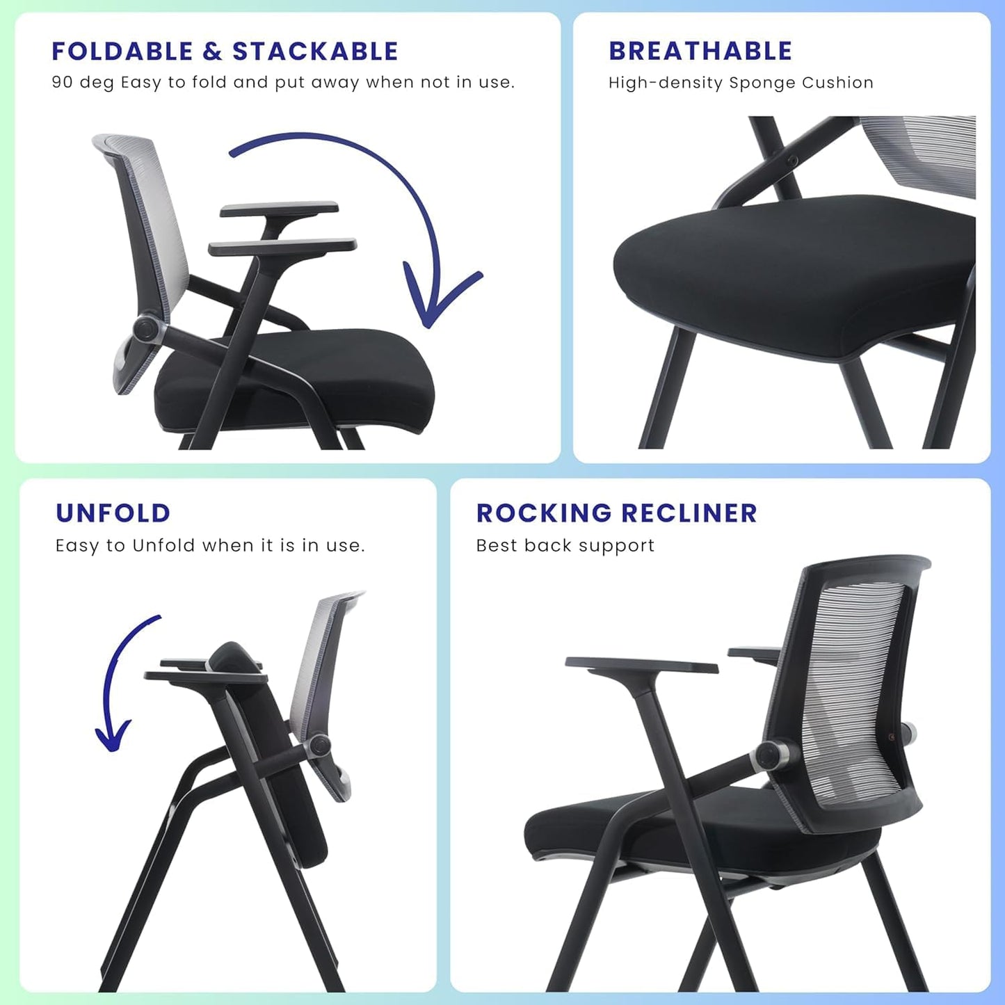 10 Pack Foldable Office Chair with PU Wheels and Sliding Armrest-Ergonomic Mesh Bouncing Back, Stackable Conference Room Chair, Office Guest & Reception & Meeting Chair (Black)