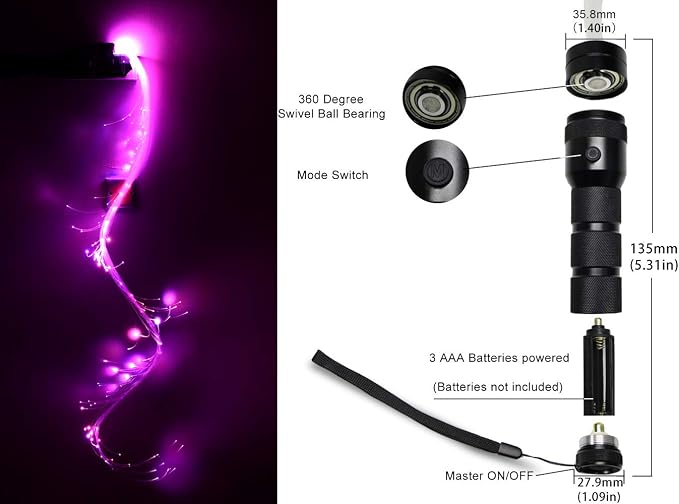 AZIMOM LED Fiber Optic Dance Whip Space Whip 6ft 360° Swivel 40Display Battery - Image 4