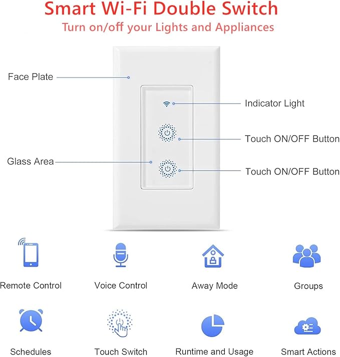 Nexete Smart Wi-Fi Double Light Switch, 2 in1 Single Pole Switch Compatible - Image 8