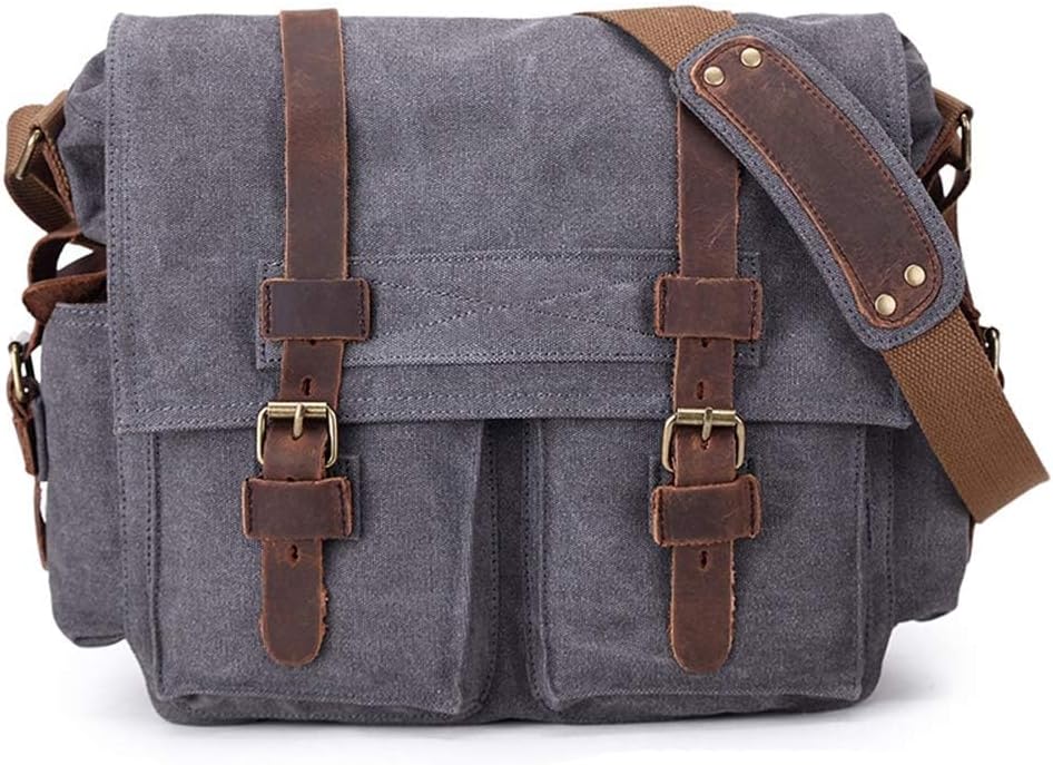 Sechunk Vintage Military Leather Canvas Laptop Bag Messenger Bags Medium by Sechunk