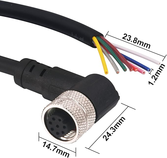 M12 Female 8 Pin Right Angle 6.5Ft/2M Connector Aviation Link Cable - Image 3