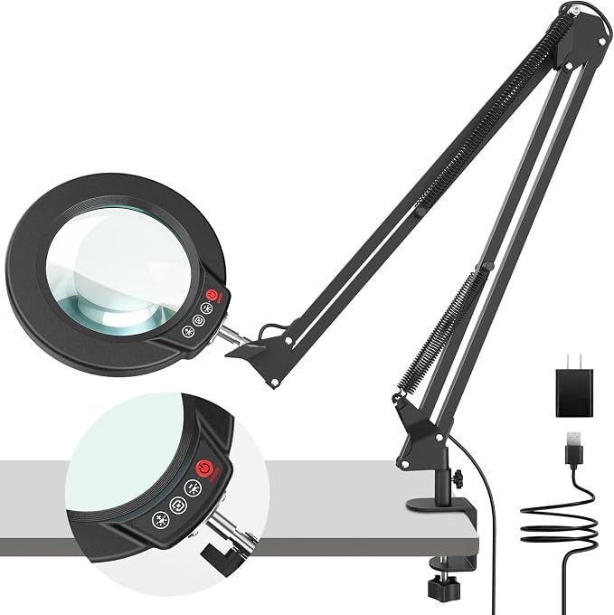 10X Magnifying Glass with Light and Clamp, Real Glass Stand Lighted Magnifier by COYETH