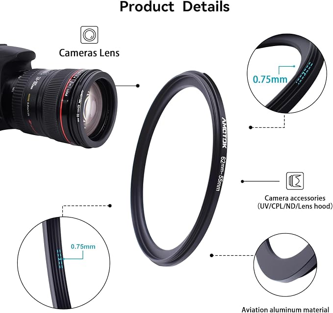 62mm Lens to 55mm Camera Lens Adapter, 62mm-55mm Filter Step-Down Ring - Image 3