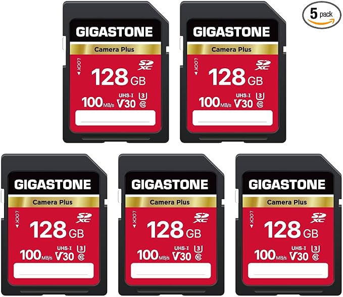 GIGASTONE 128GB SD Card 5-Pack, Camera Plus, UHS-I A1 V30 U3 SDXC Memory Card by Gigastone