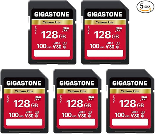 GIGASTONE 128GB SD Card 5-Pack, Camera Plus, UHS-I A1 V30 U3 SDXC Memory Card by Gigastone