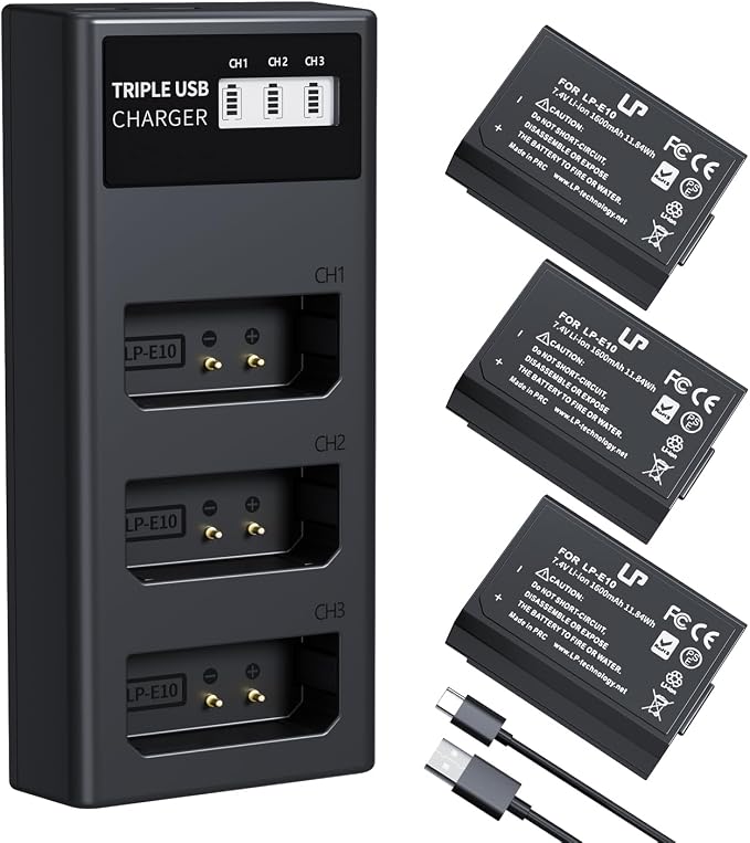 LP LP-E10 Battery Charger Pack, Triple Slot Charger, USB Battery Charger by LP