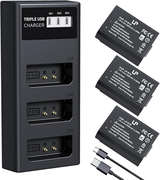 LP LP-E10 Battery Charger Pack, Triple Slot Charger, USB Battery Charger by LP