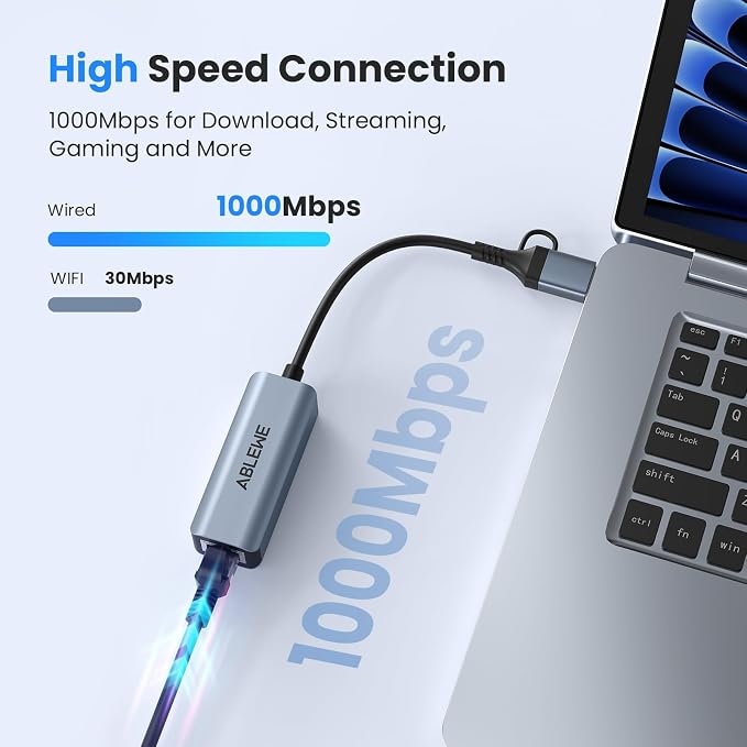 USB to Ethernet Adapter, ABLEWE USBC/USB 3.0 to RJ45 Gigabit LAN Network Adapter - Image 3