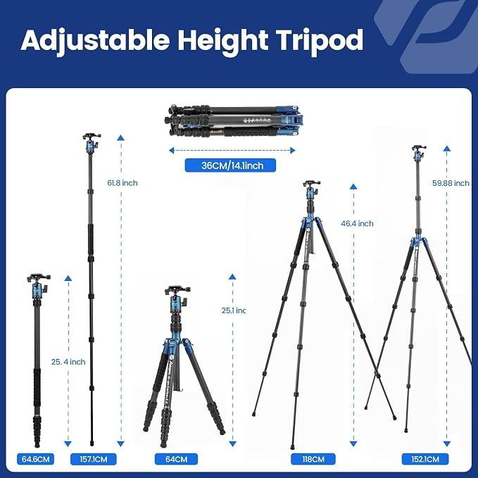 Fotopro 59" Carbon Fiber Travel Tripod Compact Camera Tripod - Image 5