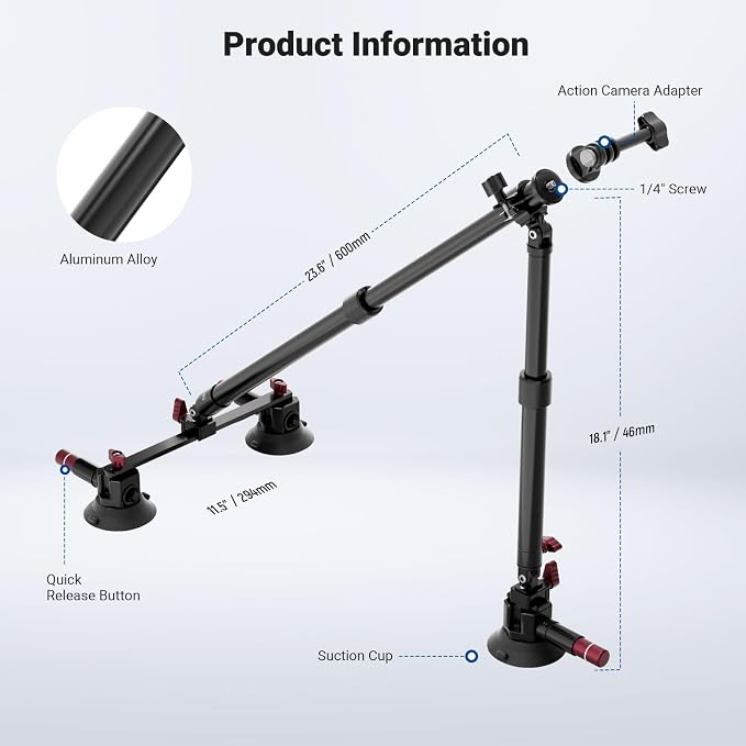 NEEWER Triple Suction Cup Car Mount Kit, Two 24" Aluminum Alloy Extension Poles - Image 8