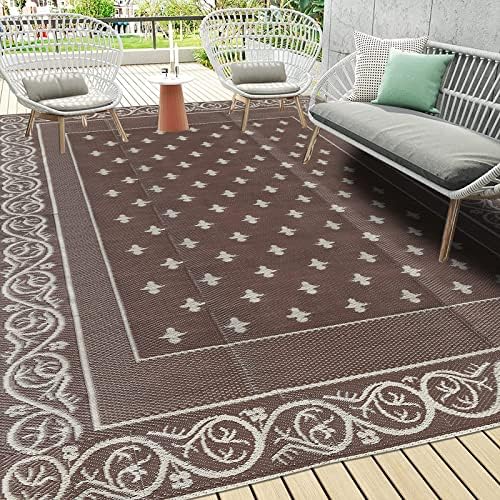 Pauwer Waterproof Outdoor Rug 9x12, Plastic Patio Rug, Bordered Brown by Pauwer