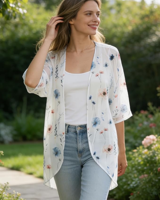 Women's Floral Print Puff Sleeve Kimono Cardigan Loose Cover Up Casual Blouse - Image 6