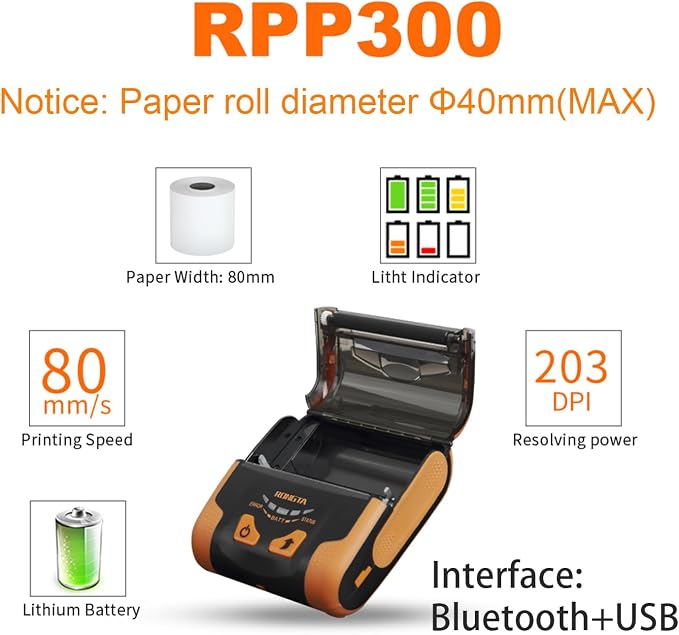 Rongta Portable 80mm POS Printer, Mobile Thermal Receipts Printer, - Image 2