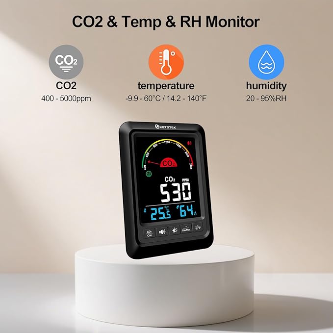 KETOTEK CO2 Monitor Indoor Air Quality Meter, Temperature, Humidity Display - Image 2