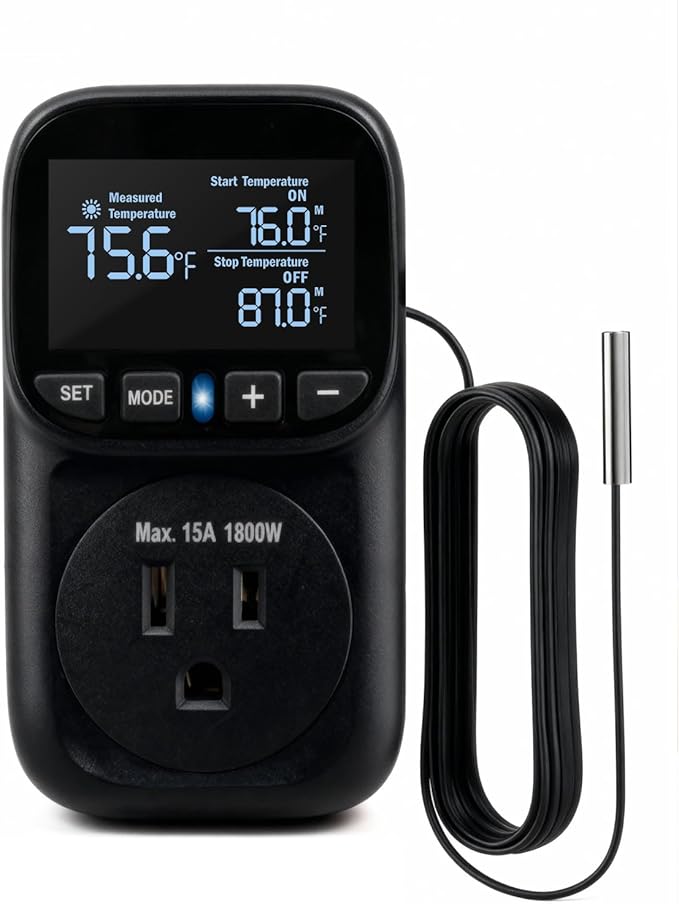 Temperature Controlled Outlet, Heavy Duty 15A 1800W Heating Cooling Thermostat by ZILLSEA