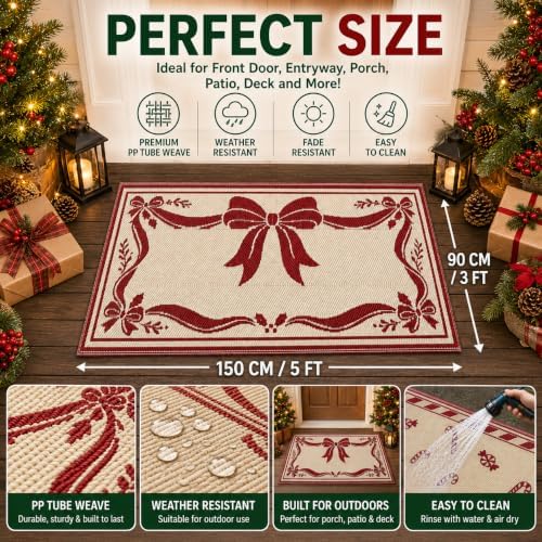 3x5 Ft Christmas Ribbon Bow Reversible Plastic Straw Outdoor Rug - Image 2