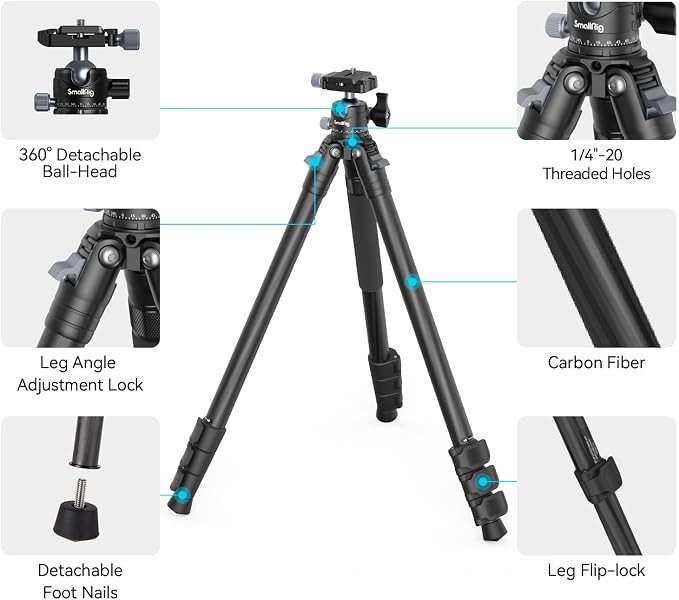 SmallRig AP-10 Carbon Fiber Tripod, 52.4" Lightweight Compact Camera Tripod - Image 6